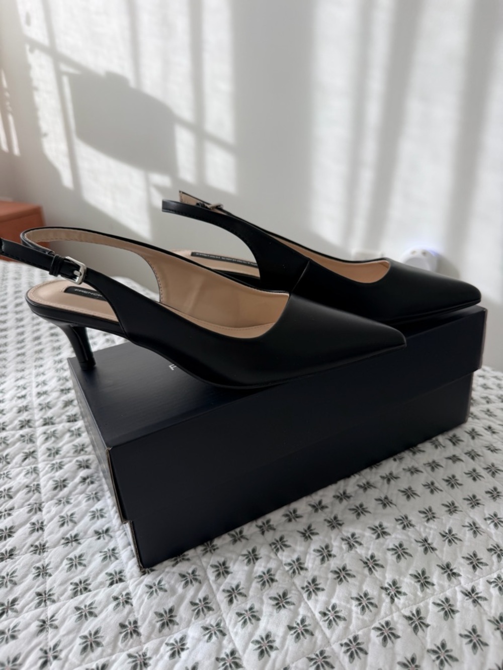 French Connection Black Pointed Slingback Heels with Kitten Heel